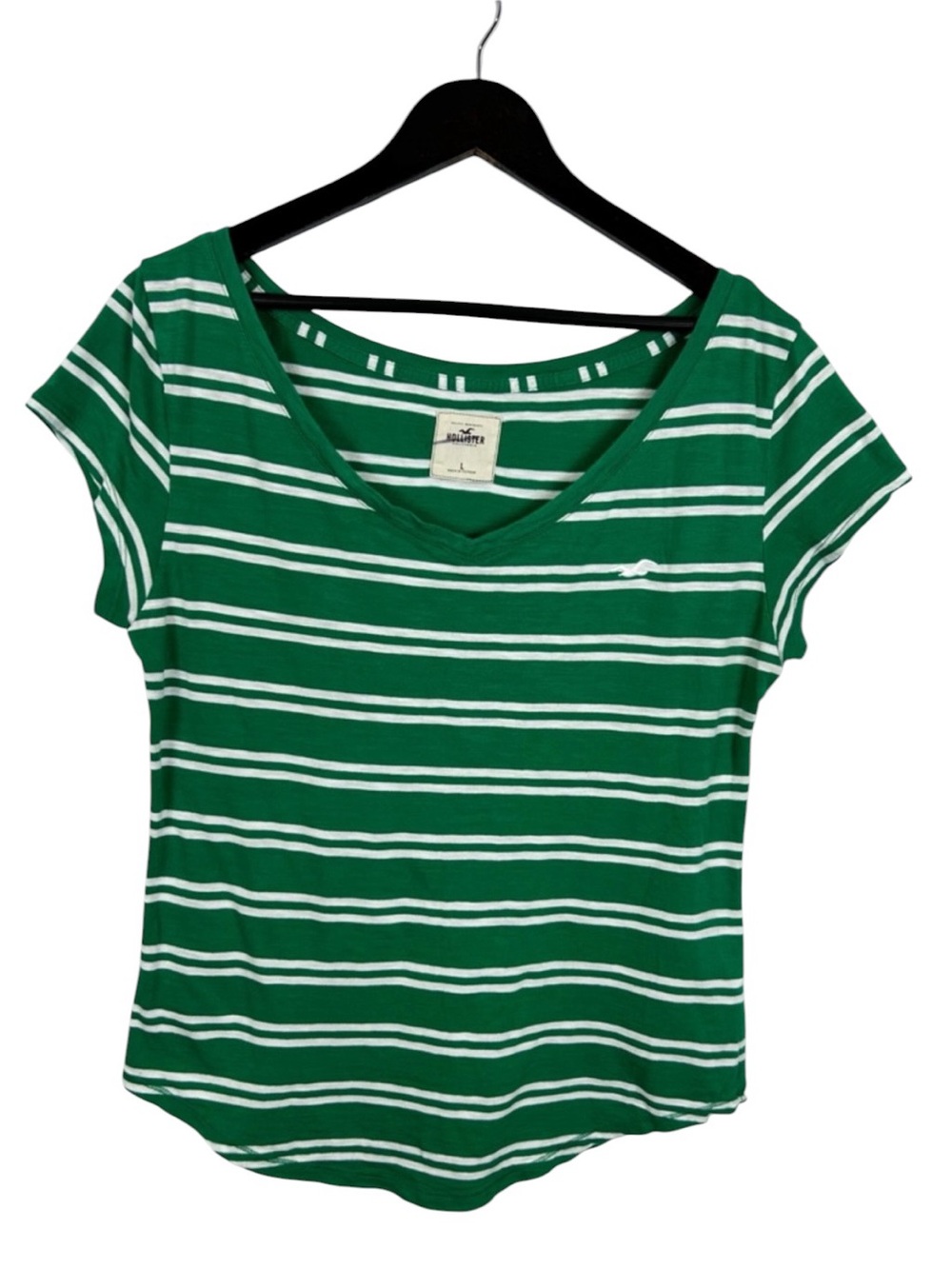 Hollister Green and White Striped V-Neck Tee Size Large Y2K